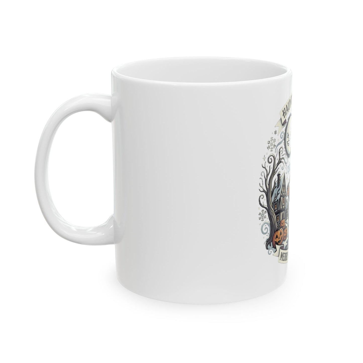 Haunted Holidays Ceramic Mug — "Merry & Mischievous" Halloween Skeleton Design (11oz, 15oz)