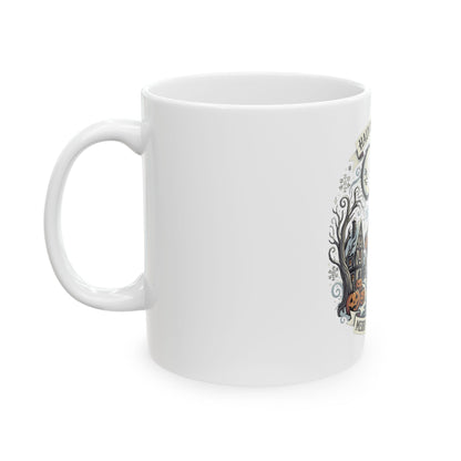 Haunted Holidays Ceramic Mug — "Merry & Mischievous" Halloween Skeleton Design (11oz, 15oz)