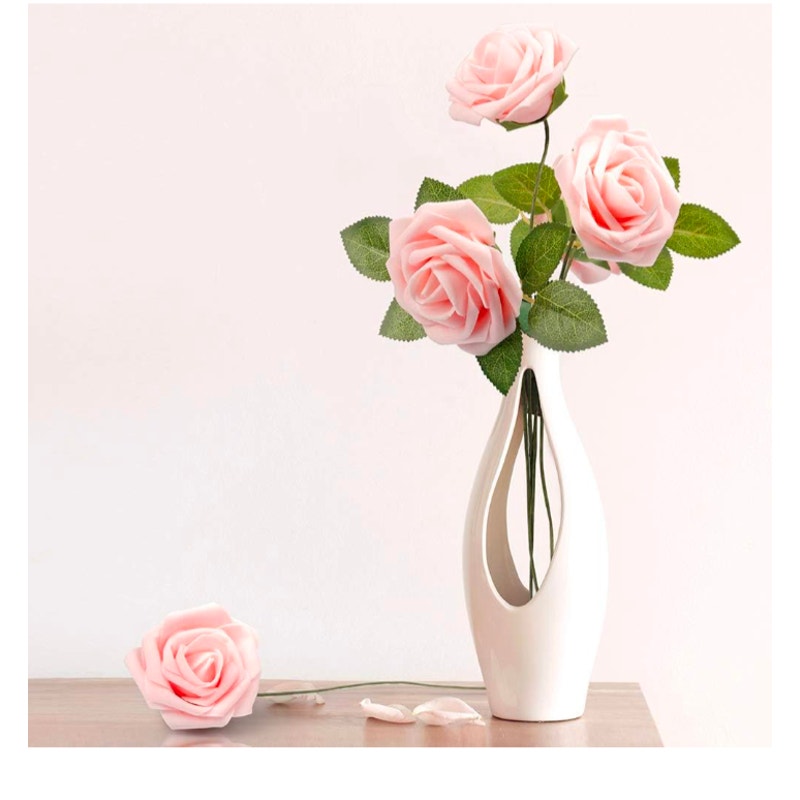 50Pcs Artificial 8" Stem w/ Leaves Rose Flowers Blush Pink Roses DIY Projects