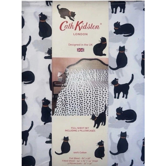 Cath Kidston Full Sheet Set Black Cats & White Halloween 100% Cotton Percale