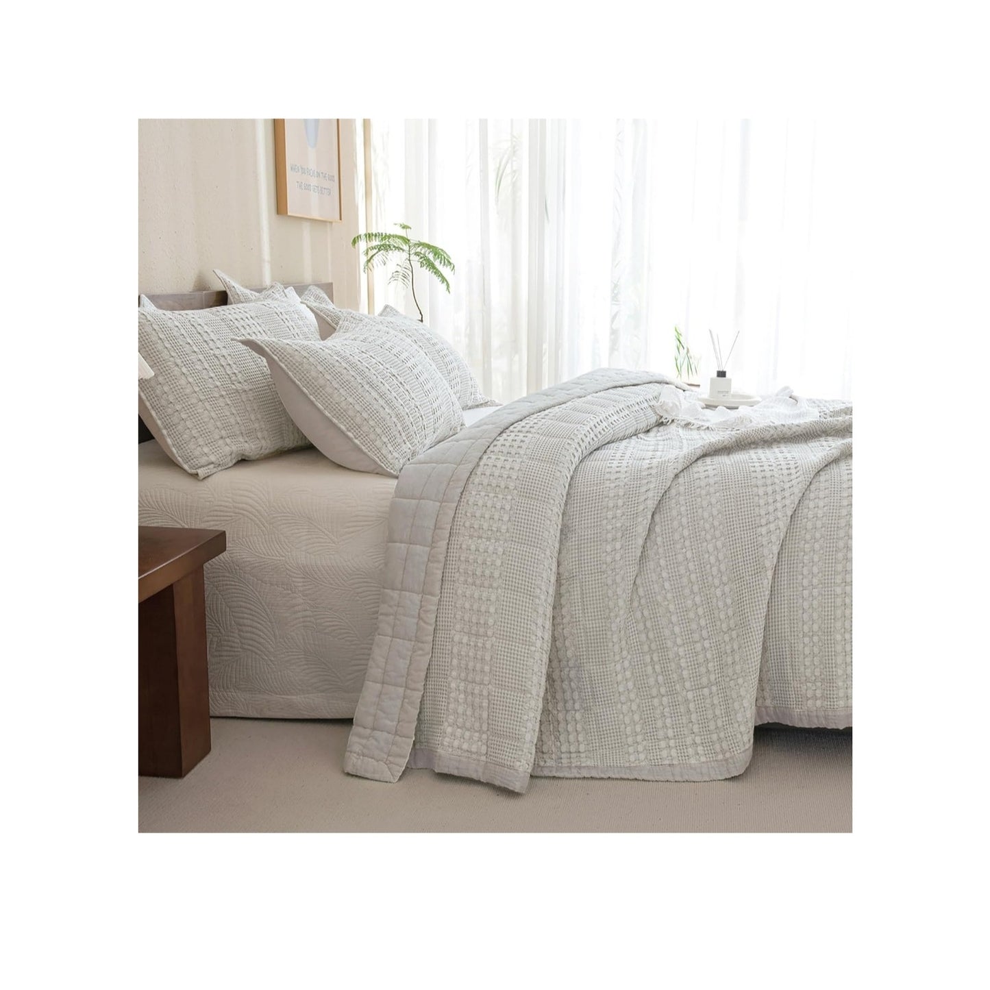 King Size 100% Cotton Khaki Quilt w/ 2 Pillow Shams