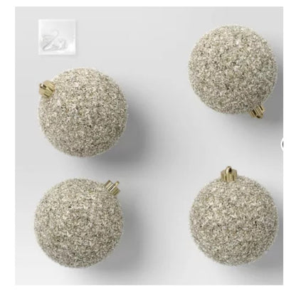 4ct Extra Large 5.91" Christmas Glittery Tinsel Ball Ornament Set Champagne Gold