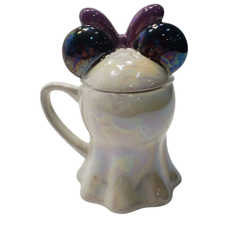 Disney Halloween Minnie Mouse Iridescent Glazed Ghost Mug & Lid Handpainted New