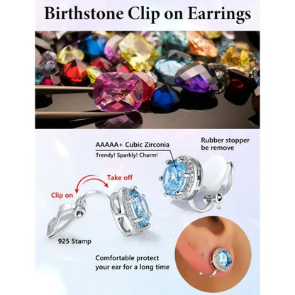 Aquamarine Blue Sterling Silver Clip on Earrings Round March Birthstone Stud Earring