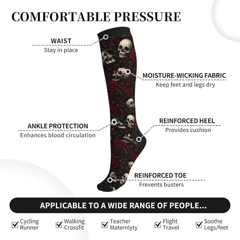 Skull Roses Compression Socks Women Men 15-20mmHg Athletic Running Cycling One Size
