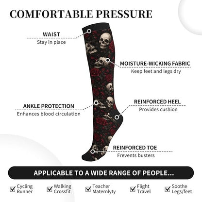Skull Roses Compression Socks Women Men 15-20mmHg Athletic Running Cycling One Size