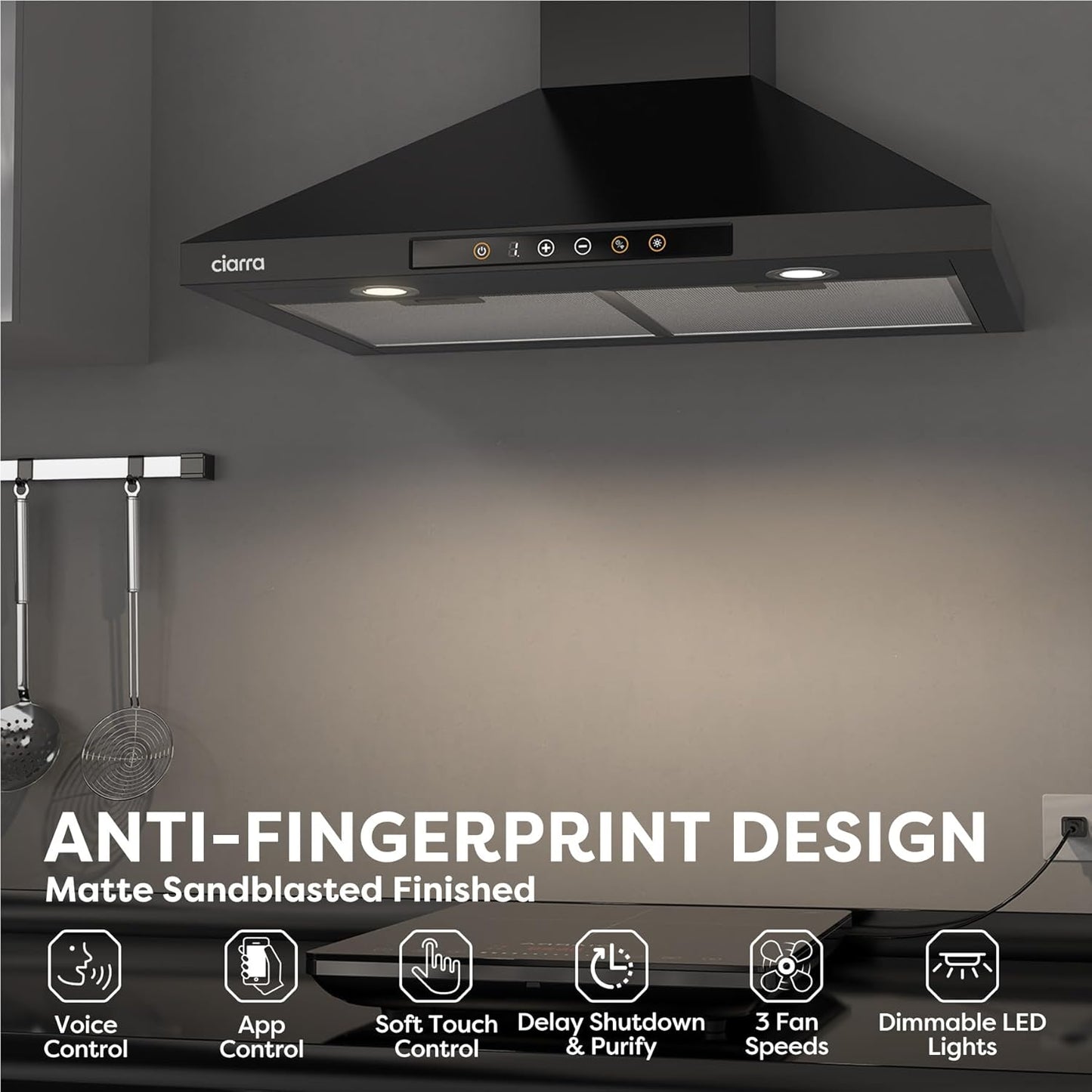 Black Range Hood 30" Wifi Smart Home Device Voice Control Stove Vent 3 Speed Fan Wall Mount
