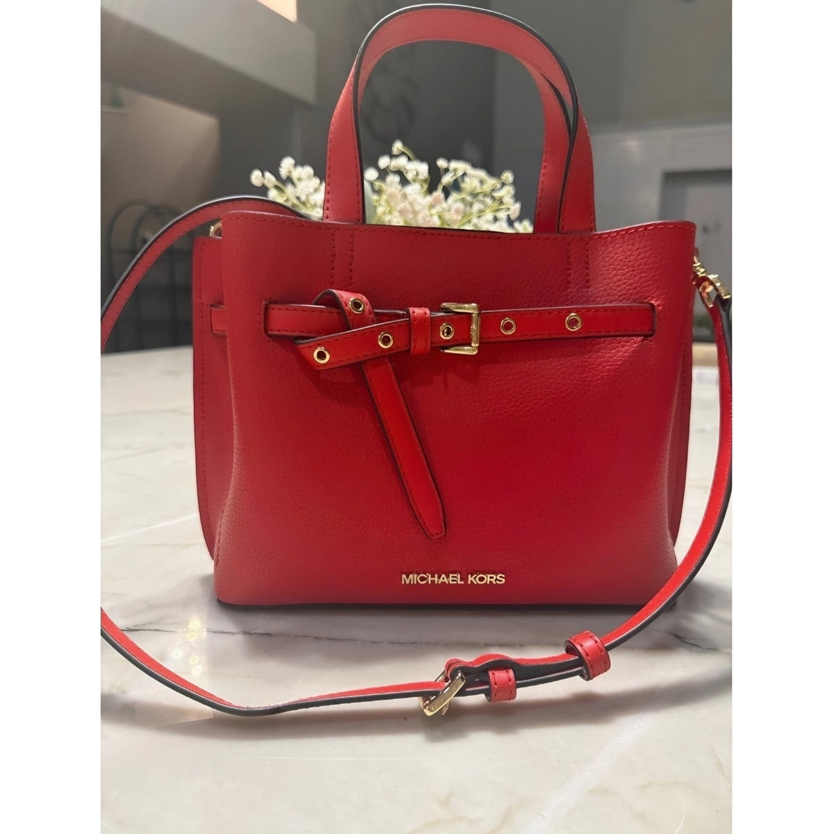 NEW Michael Kors Emilia Small Belted Satchel Red Pebbled Leather Crossbody Bag