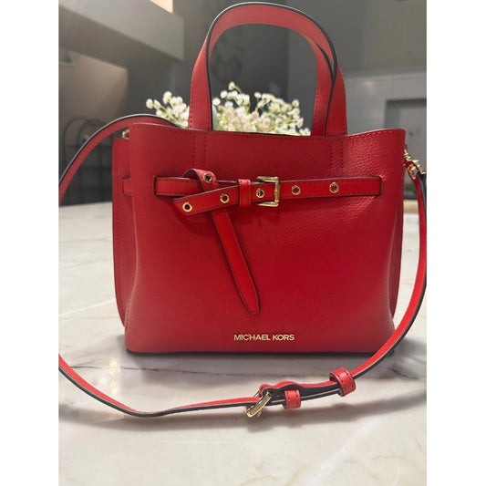 NEW Michael Kors Emilia Small Belted Satchel Red Pebbled Leather Crossbody Bag