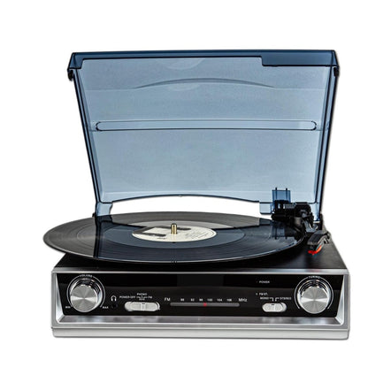 Vinyl Record Player with FM Radio, Built-in Speakers, 3-Speed, RCA Line Out