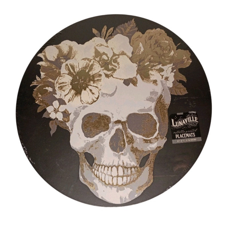 Halloween Skull Floral Placemats with metallic accents (Set of 4, Round 15 inch)