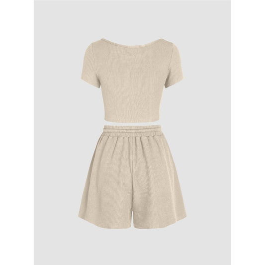 Women's M Medium Two Piece Lounge Set Short Sleeve Top & Wide Leg Shorts