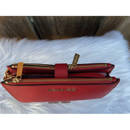 Michael Kors Jet Set Travel Leather Double Zip Wristlet Wallet - Red