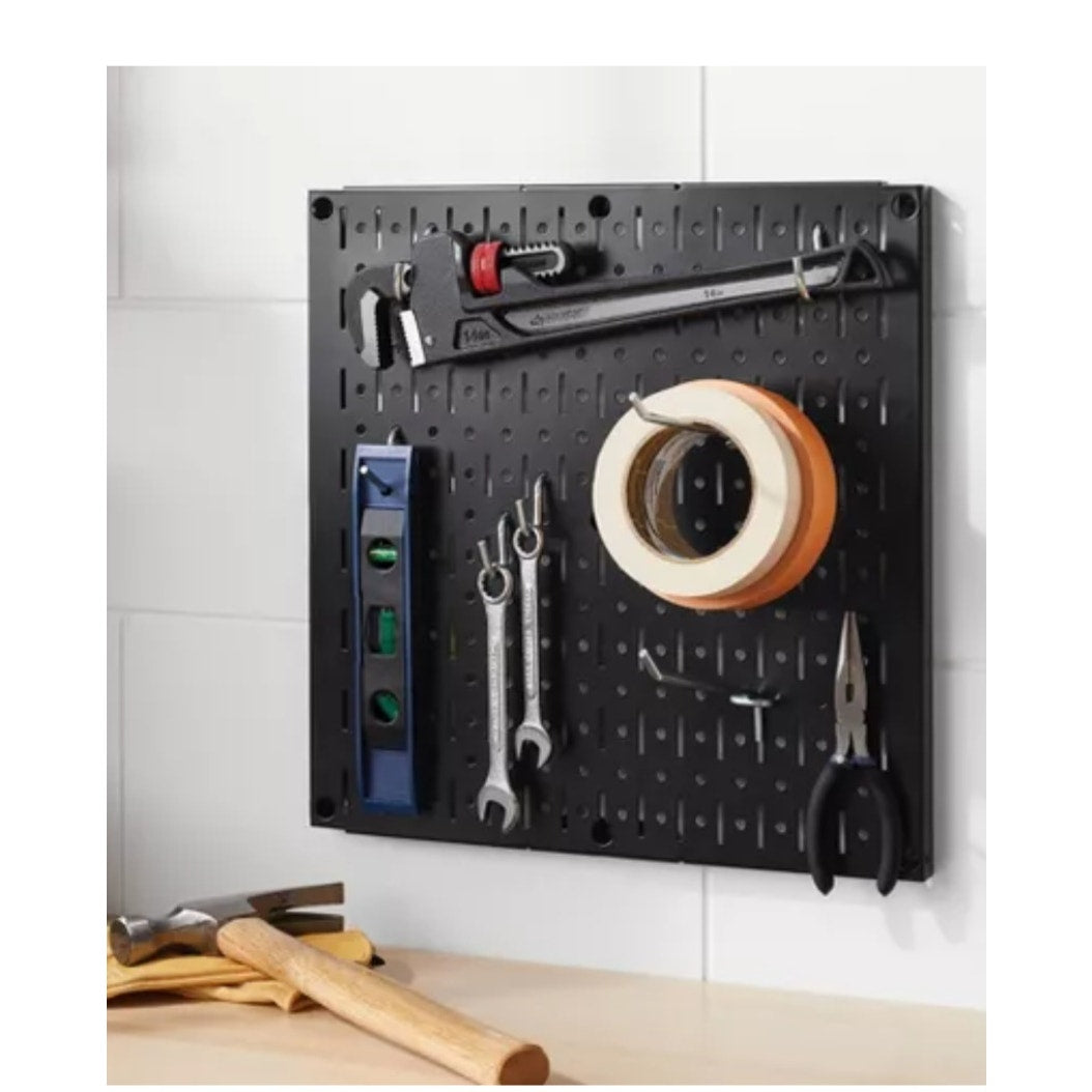 New Heavy Duty Steel 16" Square Black Pegboard w/ 14 Hooks - Wall & Garage