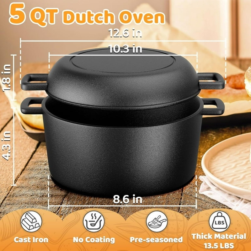 Cast Iron Dutch Oven for Bread Baking, 5 QT Pre-Seasoned Dutch Oven Pot with Skillet Lid