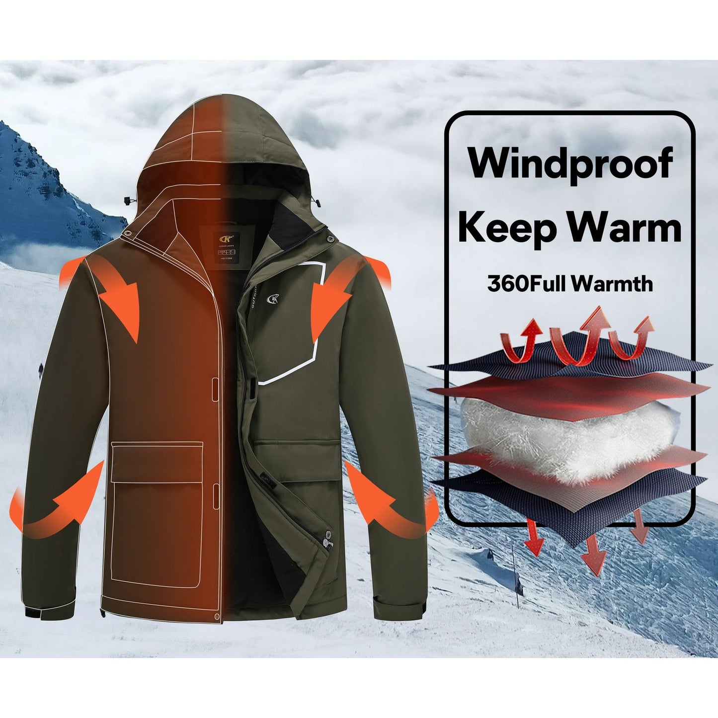 Men's Waterproof Ski Jacket Size L Large Green