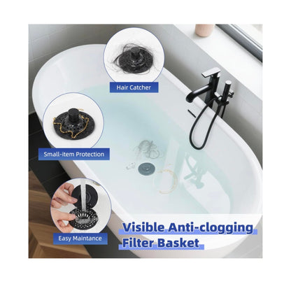 2PCS Universal Metal Bathtub Drain Stopper Top Hair Catcher, Matte Black