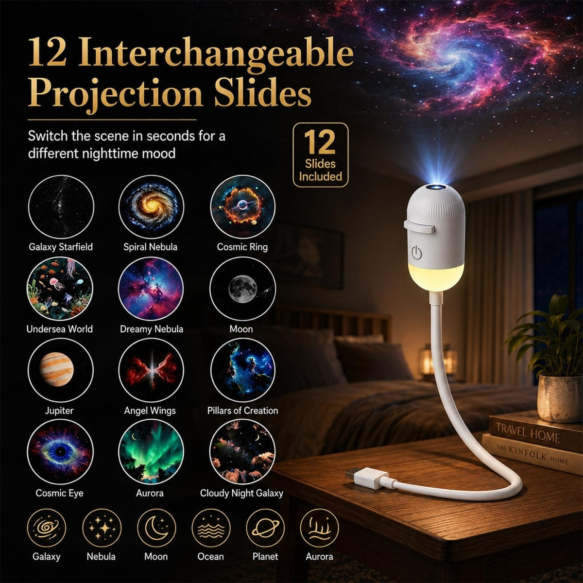 Starry Sky Projection LED Night Light Lamp 3 Interchangeable Theme Films (Model DS-11)