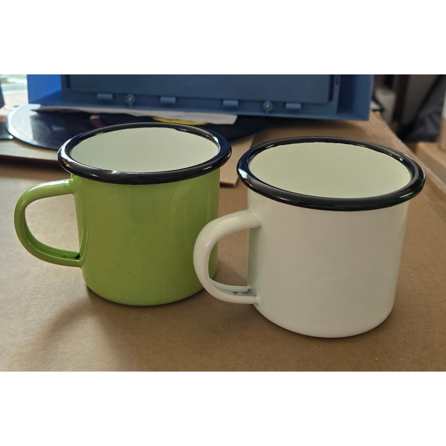 Set of 2 Metal Halloween Mugs Cat Spider Web Bat & Pumpkin
