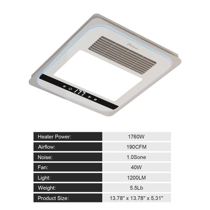 Quiet Bathroom Heater, Exhaust Ventilation Fan, & LED Light Combo 190 CFM 1760W w/ Remote