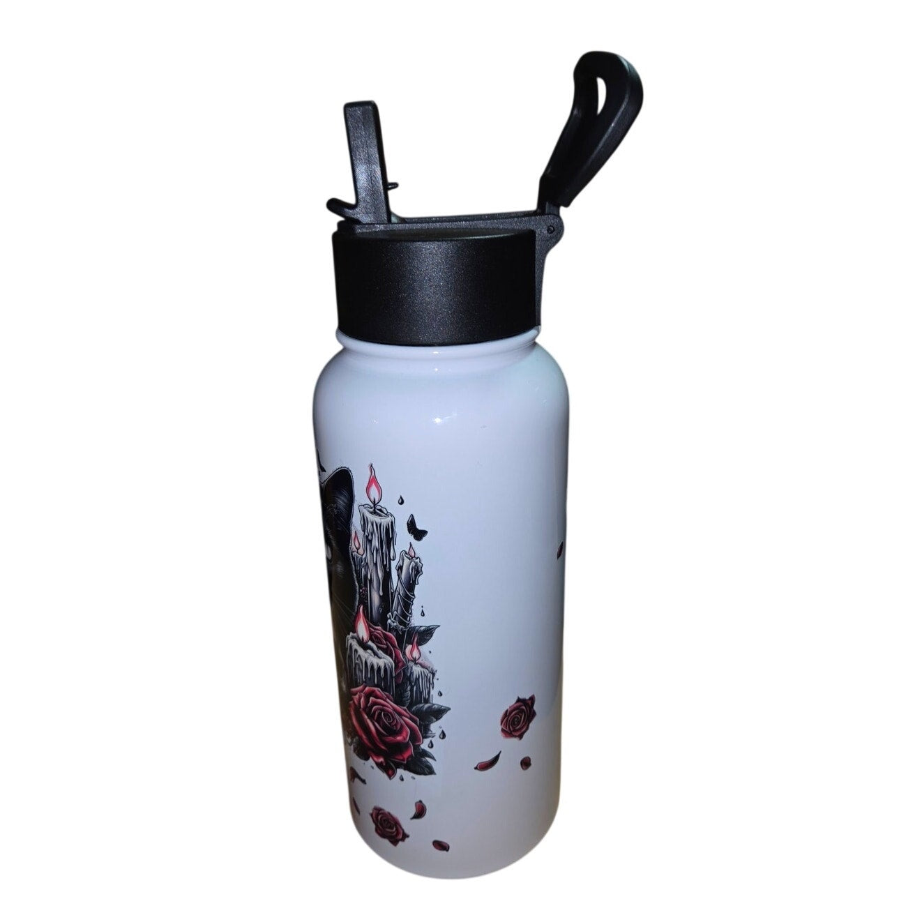 Cat & Skull Flower Halloween Water Bottle Stainless Steel Insulated w/ Straw UV DTF