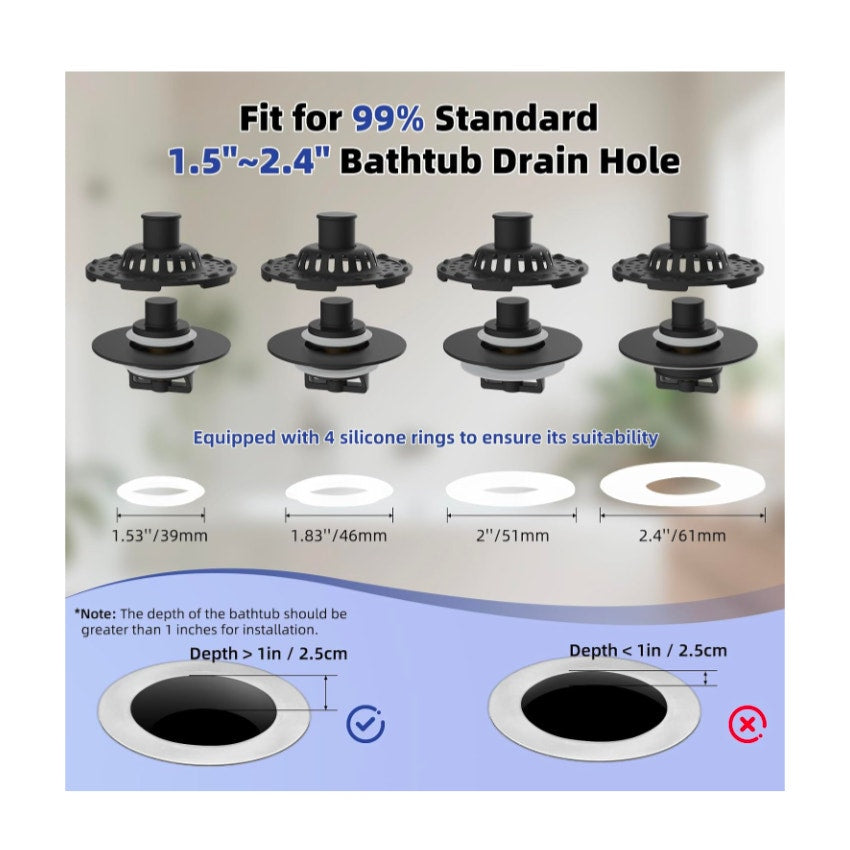 2PCS Universal Metal Bathtub Drain Stopper Top Hair Catcher, Matte Black