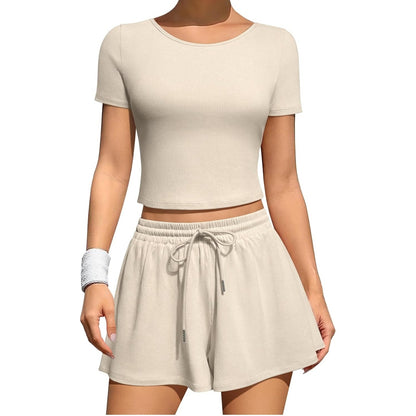 Women's M Medium Two Piece Lounge Set Short Sleeve Top & Wide Leg Shorts