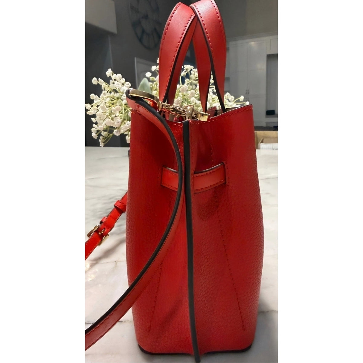 NEW Michael Kors Emilia Small Belted Satchel Red Pebbled Leather Crossbody Bag