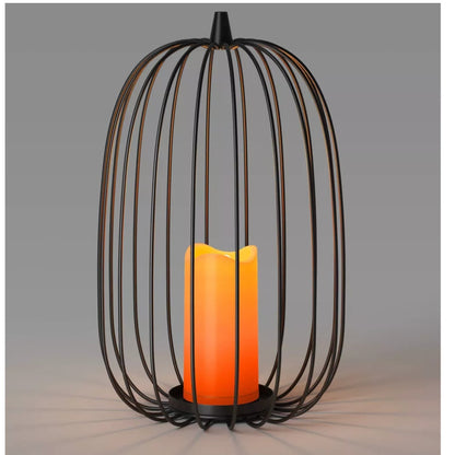 15" Lit Metal Pumpkin Lantern w/ Flickering Faux Candle