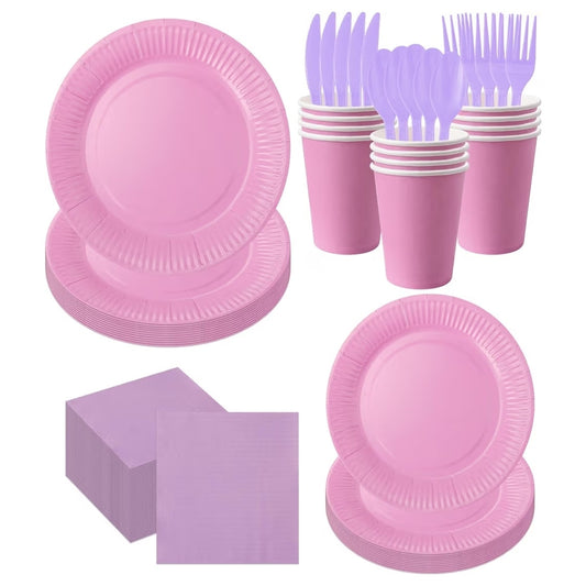 210pcs Purple Party Kit - 9oz Paper Cups, Paper Plates, Napkins, and Plastic Silverware