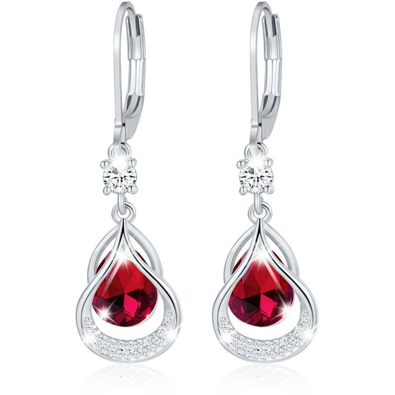 APSVO 18K Ruby Red Cubic Zirconia White Gold Plated Drop Earrings for Women