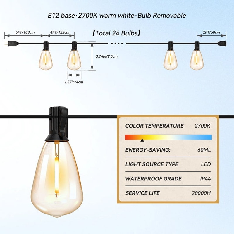 100ft Outdoor String Lights, with 24 Edison Vintage Shatterproof Bulbs, ST38