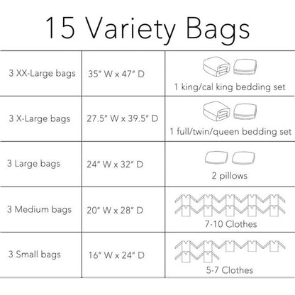 Vacuum Storage Bag Set Space Saver Sealer Compression Bags Variety 15 Pack