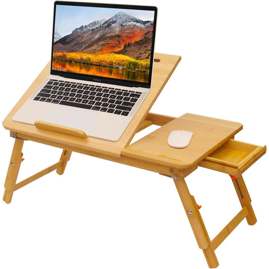 Bamboo Laptop Lap Desk Bed Tray Table Adjustable Angle & Height w/ Tablet Phone Slot Drawer
