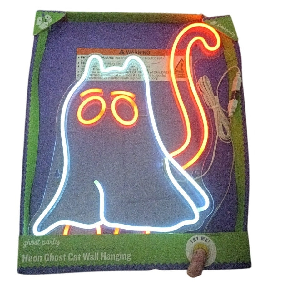 Halloween 15" White & Orange Ghost Cat USB Neon Sign by Ashland