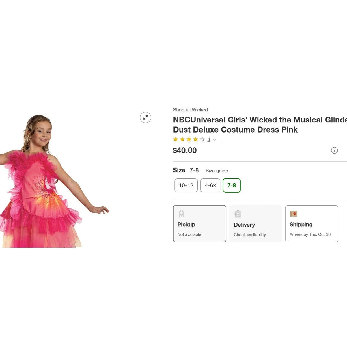 NBCUniversal Girls' M 7-8 Wicked the Musical Glinda Upland Oz Dust Deluxe Costume Dress Pink
