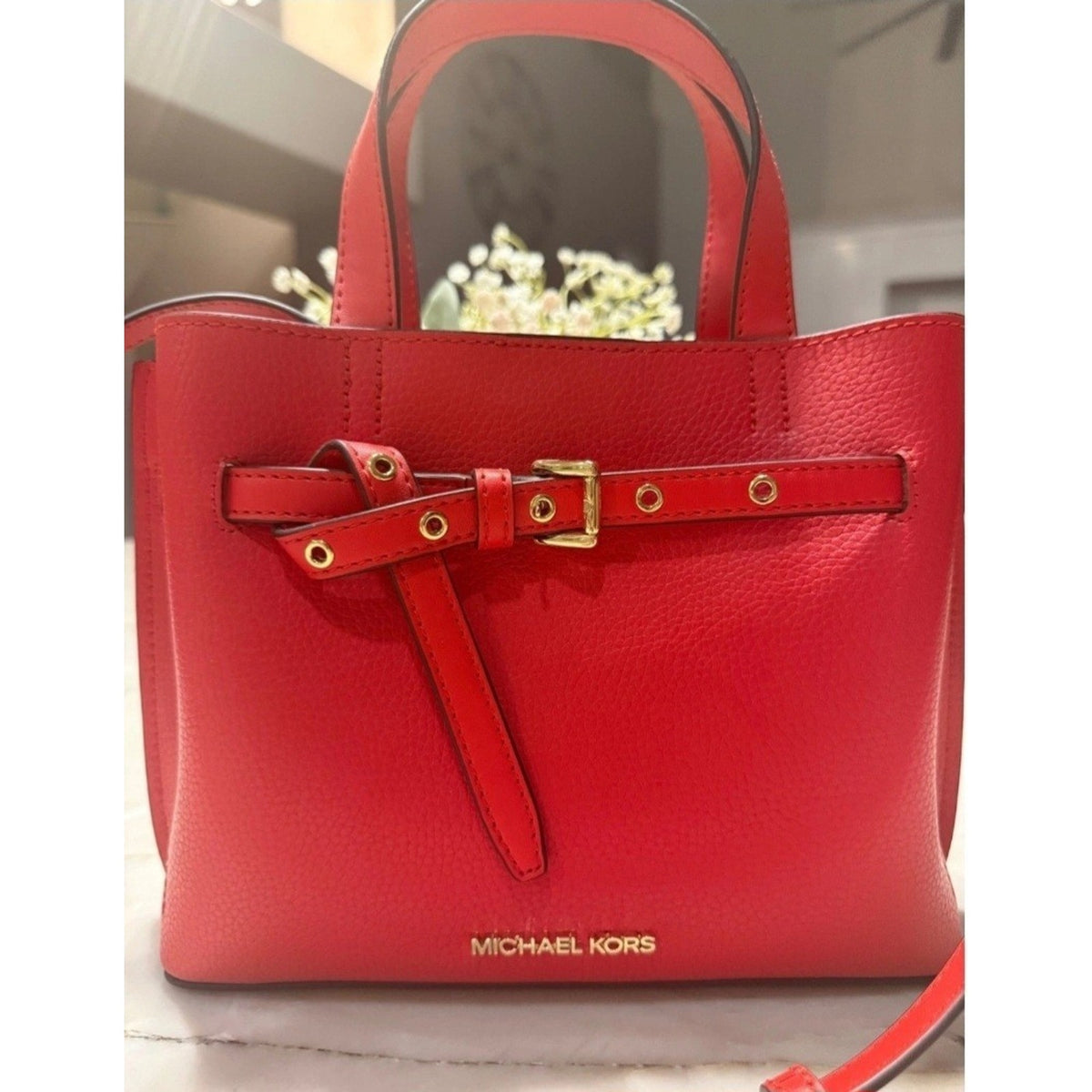 NEW Michael Kors Emilia Small Belted Satchel Red Pebbled Leather Crossbody Bag
