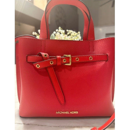 NEW Michael Kors Emilia Small Belted Satchel Red Pebbled Leather Crossbody Bag