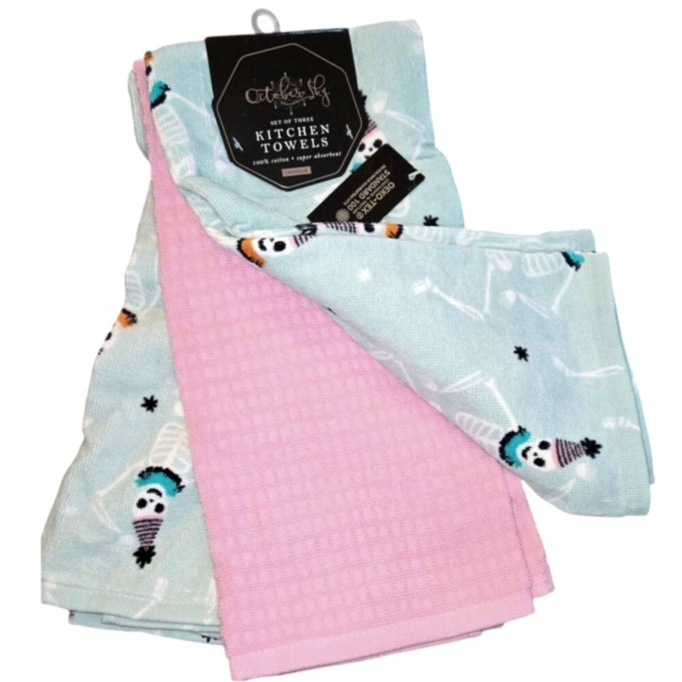 Set of 3 October Sky Halloween Dancing Skeletons Kitchen Towels Trick or Treat