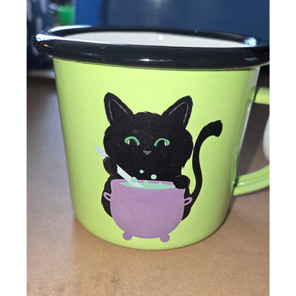Set of 2 Metal Halloween Mugs Cat Spider Web Bat & Pumpkin
