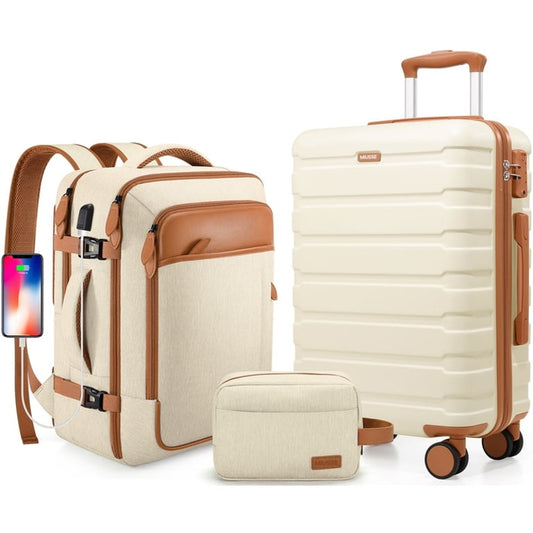 360 Degree Spinner Wheels Carry On Luggage Set 3 Piece Hard Shell 20" + Backpack