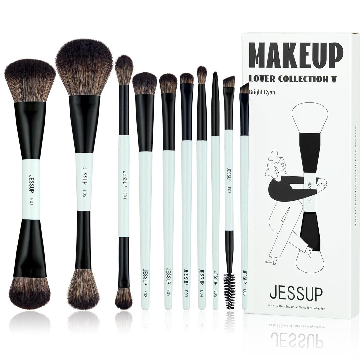 Jessup Makeup Brushes Set 10pcs Double Sided Cruelty Free Cosmetic Tools Brush Set