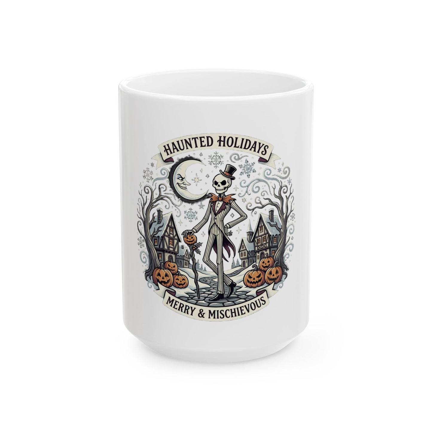 Haunted Holidays Ceramic Mug — "Merry & Mischievous" Halloween Skeleton Design (11oz, 15oz)