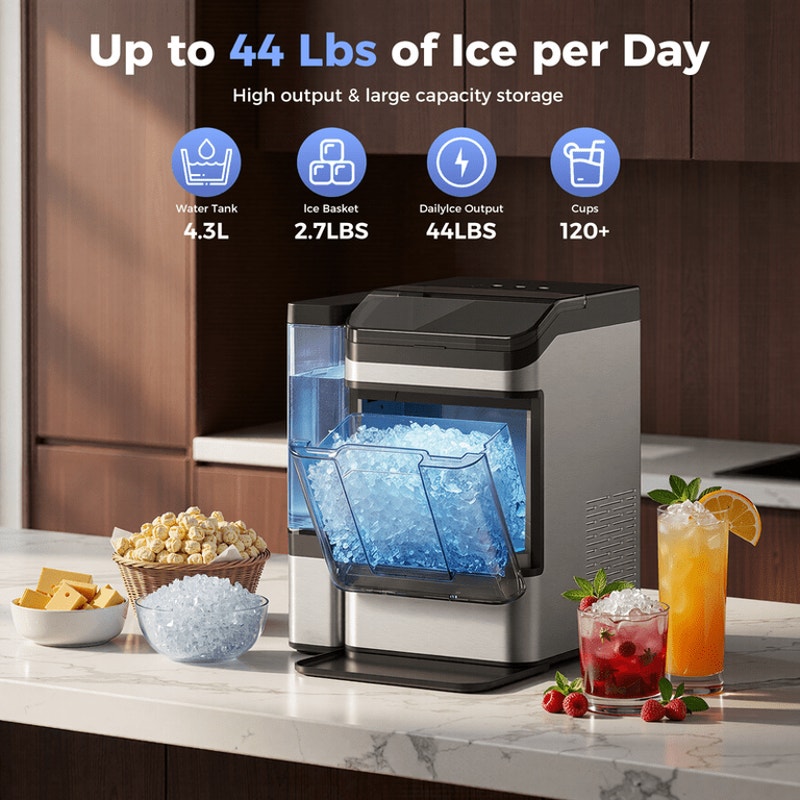 Ice Maker Countertop, Nugget Ice in 6 Mins, 44LBS/Day Chewable Ice Machine