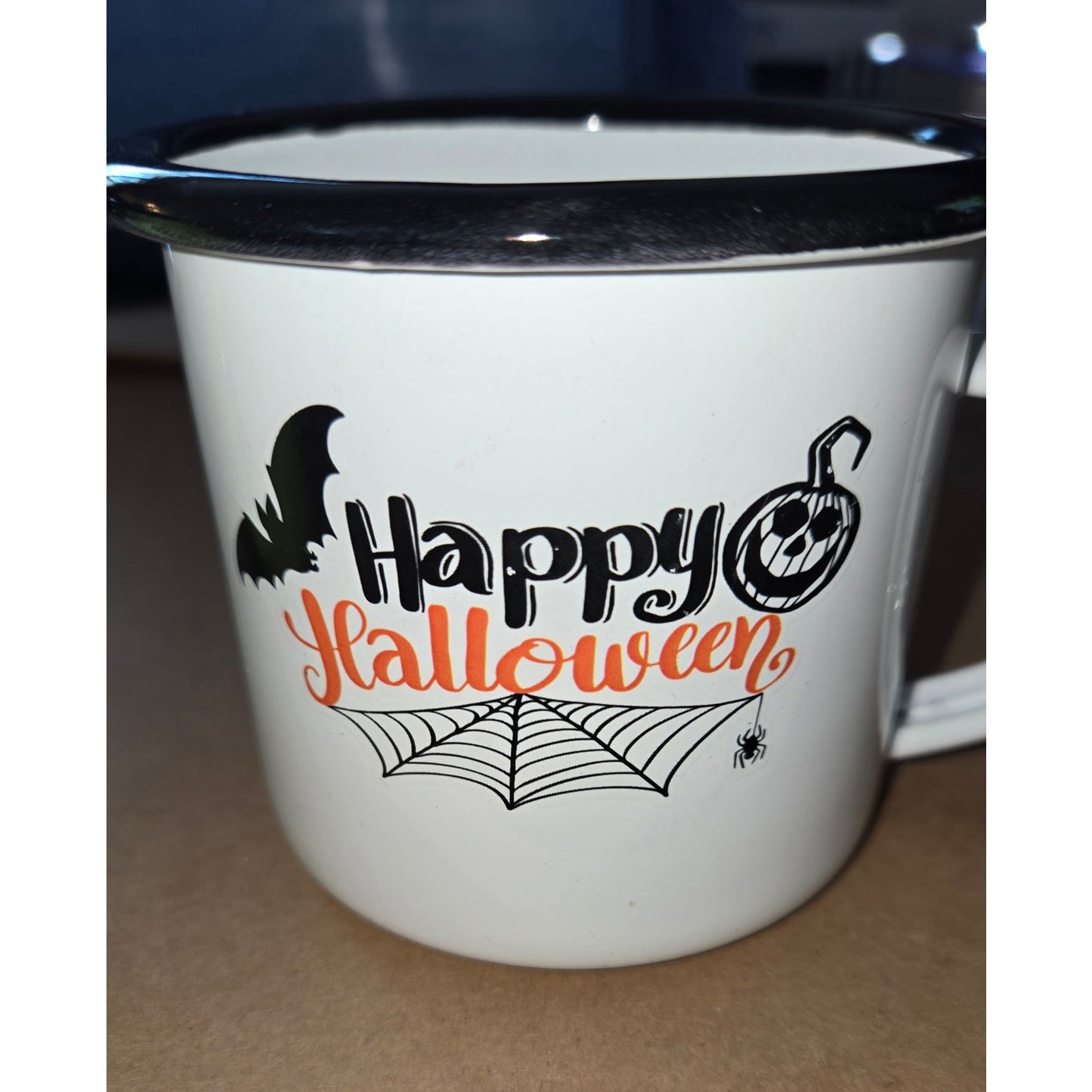 Set of 2 Metal Halloween Mugs Cat Spider Web Bat & Pumpkin