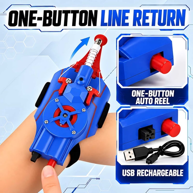 Blue Spider Web Shooter Toy for Kids USB Rechargeable Wrist Launcher w/ Auto Reel