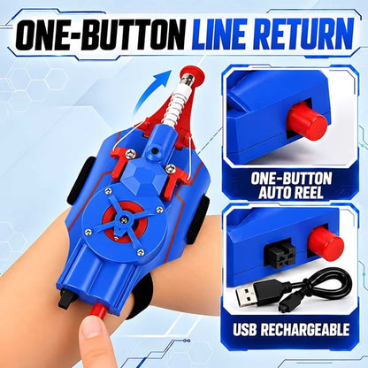 Blue Spider Web Shooter Toy for Kids USB Rechargeable Wrist Launcher w/ Auto Reel