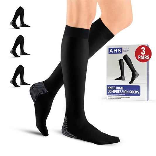 3 Pair Black Knee High Compression Socks w/ Graduated Pressure Unisex