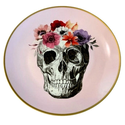 NEW Pink Rose Skull Plates Porcelain Salad Dessert Appetizer Set Of 4 for Halloween