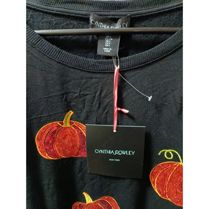 Woman's Cynthia Rowley Halloween Fall Black Sweater w/ Orange Pumpkins Size L